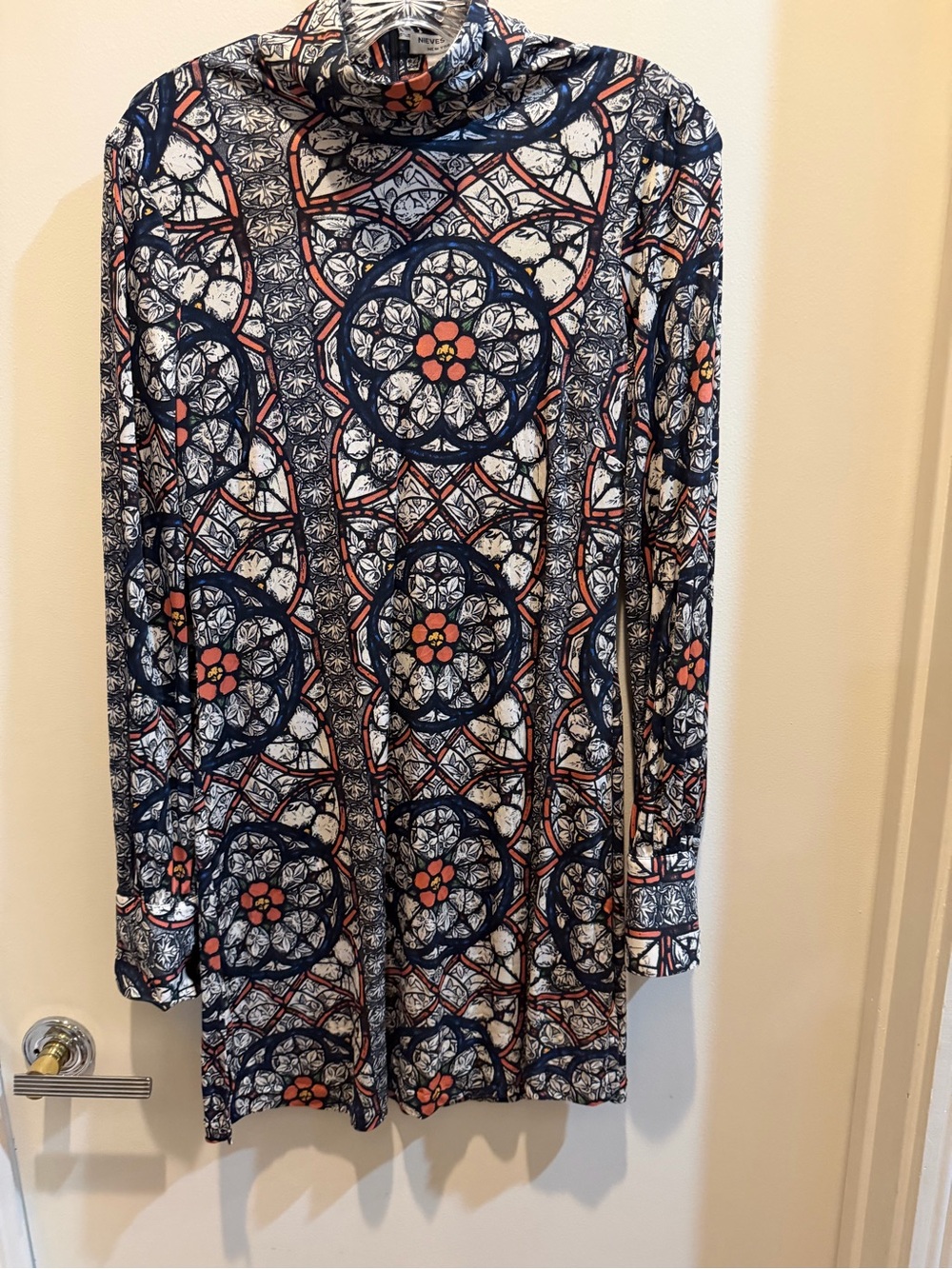 Nieves Lavi Silk Navy and Coral Stainedglass Turtleneck Long-Sleeve Dress/Tunic